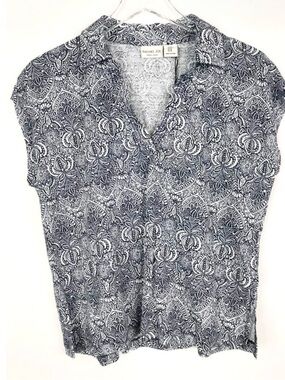 Rachel Zoe Linen Floral Tile Knit Polo Navy White Coastal Grandma Top